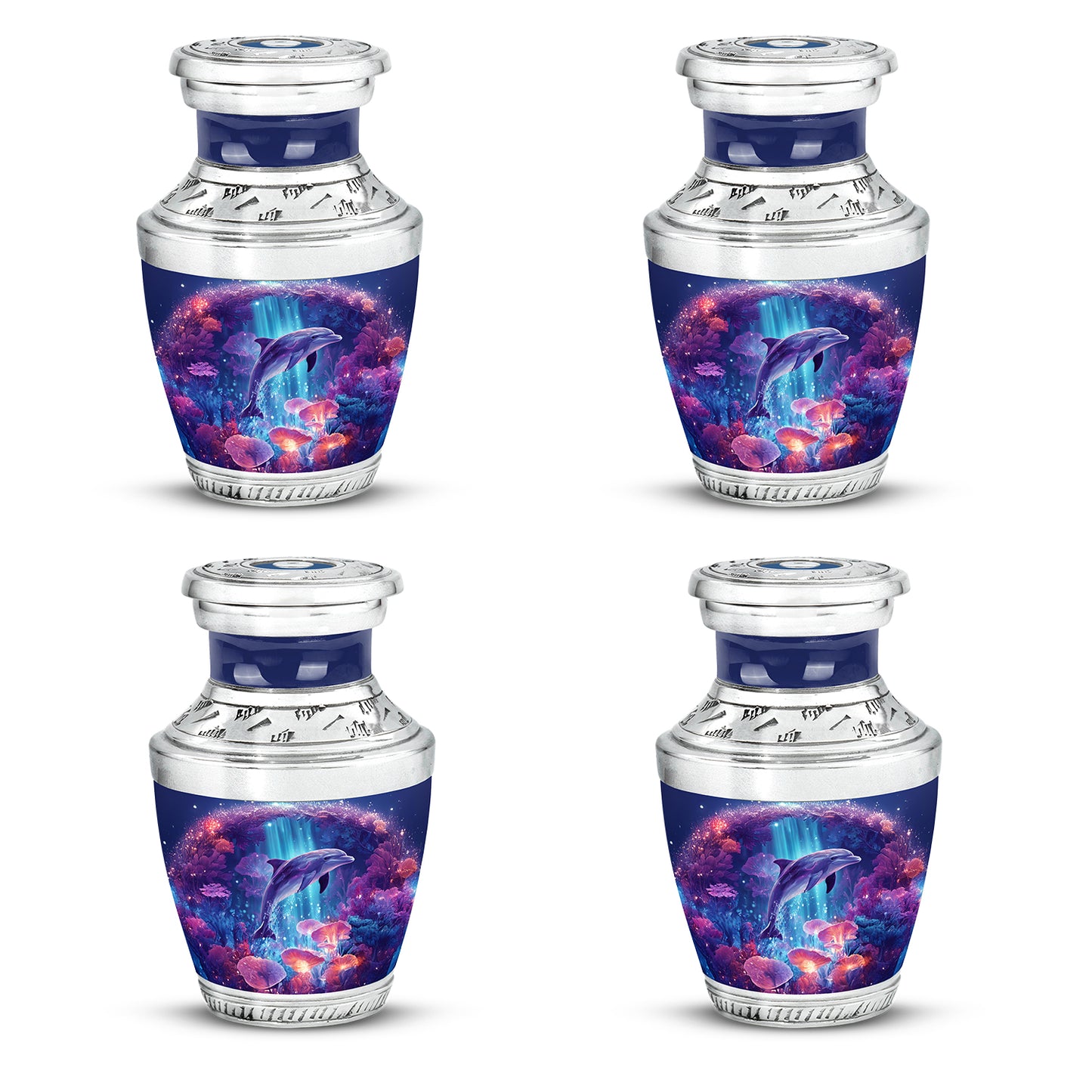 Celestial Blue Dolphin Cremation Urn back view with polished surface - contemporary dolphin design with modern artistic flair - 10 inch aluminum urn for cremated remains