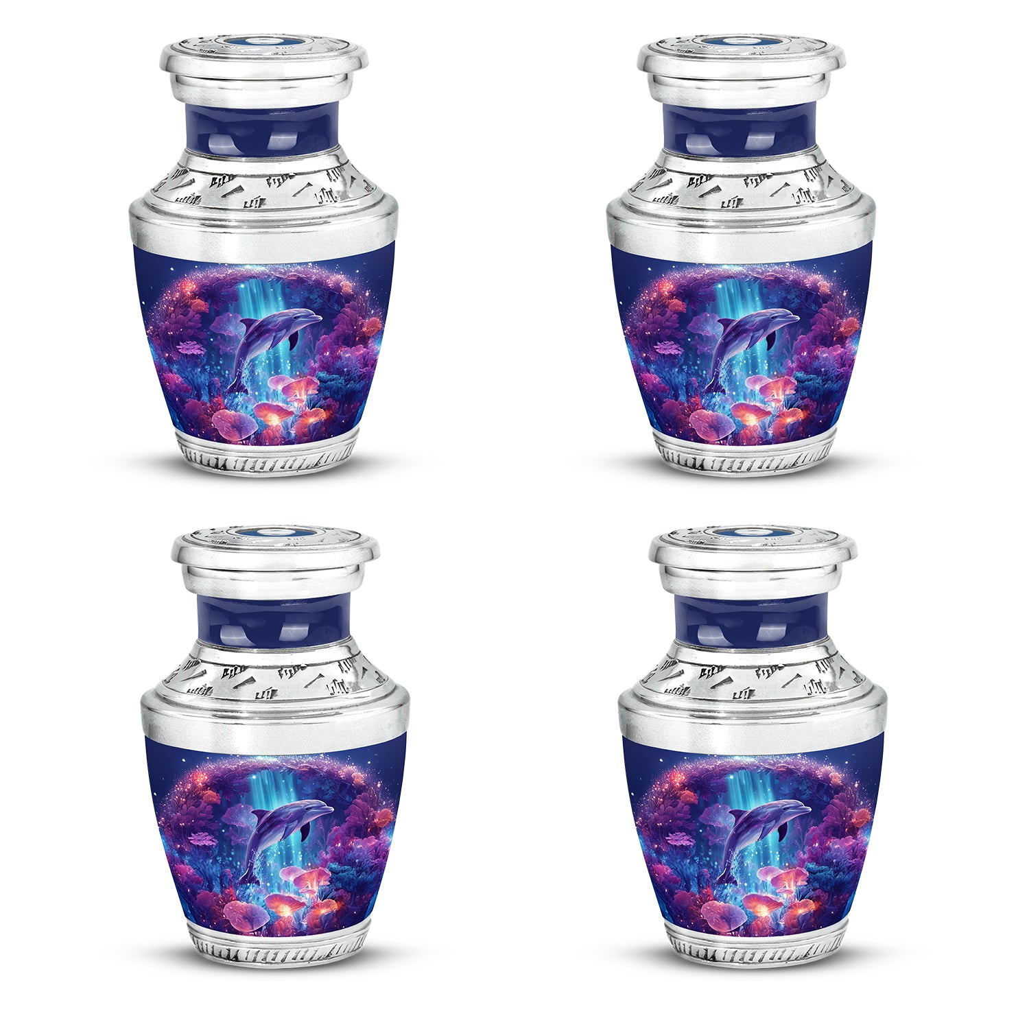 Celestial Blue Dolphin Cremation Urn back view with polished surface - contemporary dolphin design with modern artistic flair - 10 inch aluminum urn for cremated remains