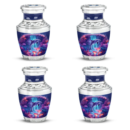 Celestial Blue Dolphin Cremation Urn back view with polished surface - contemporary dolphin design with modern artistic flair - 10 inch aluminum urn for cremated remains