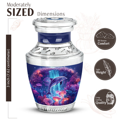 Soft Blue Dolphin Cremation Urn top-down view of secure threaded lid - stylized abstract dolphin pattern with bold lines - mini keepsake memorial for portion of cremation ashes