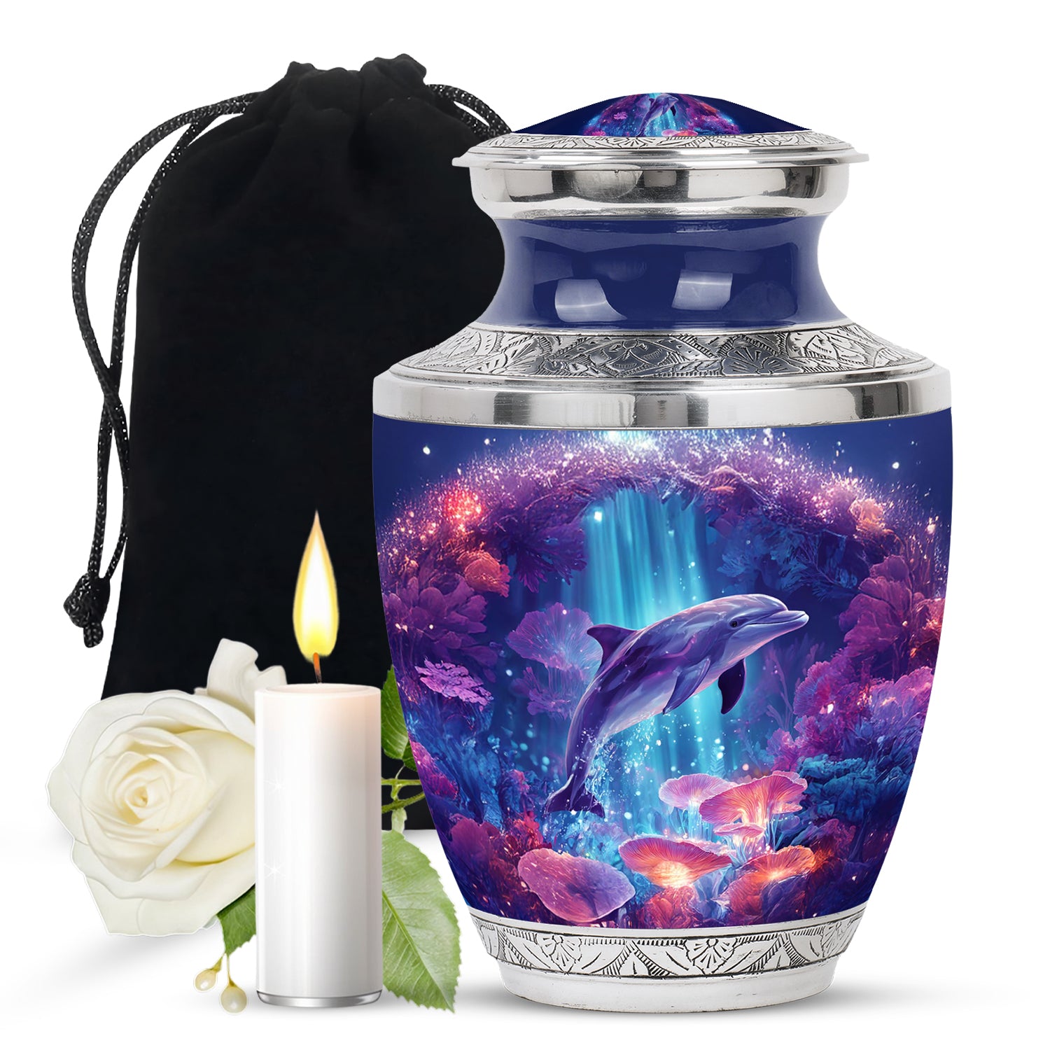Cobalt Blue Dolphin Cremation Urn side profile showing urn shape - artistic dolphin interpretation with creative detail - full-size 10 inch 200 cubic inch adult cremation urn