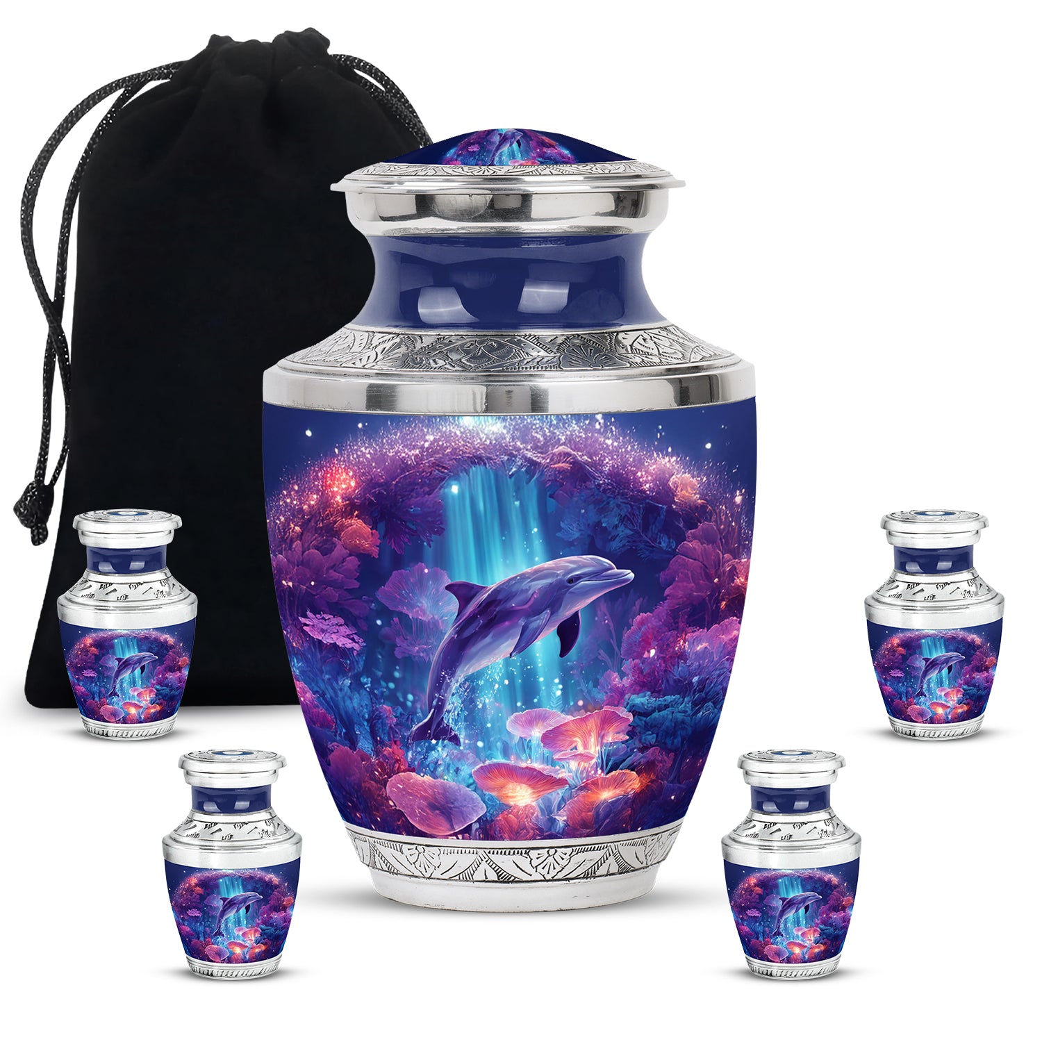 Navy Blue Dolphin Cremation Urn lifestyle display on memorial shelf - modern art-inspired dolphin motif on sleek aluminum - memorial set with one large and four small urns