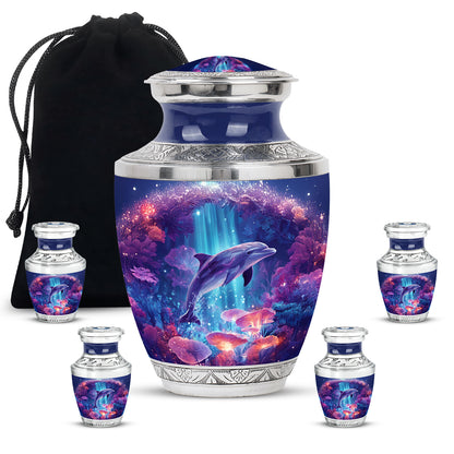 Navy Blue Dolphin Cremation Urn lifestyle display on memorial shelf - modern art-inspired dolphin motif on sleek aluminum - memorial set with one large and four small urns