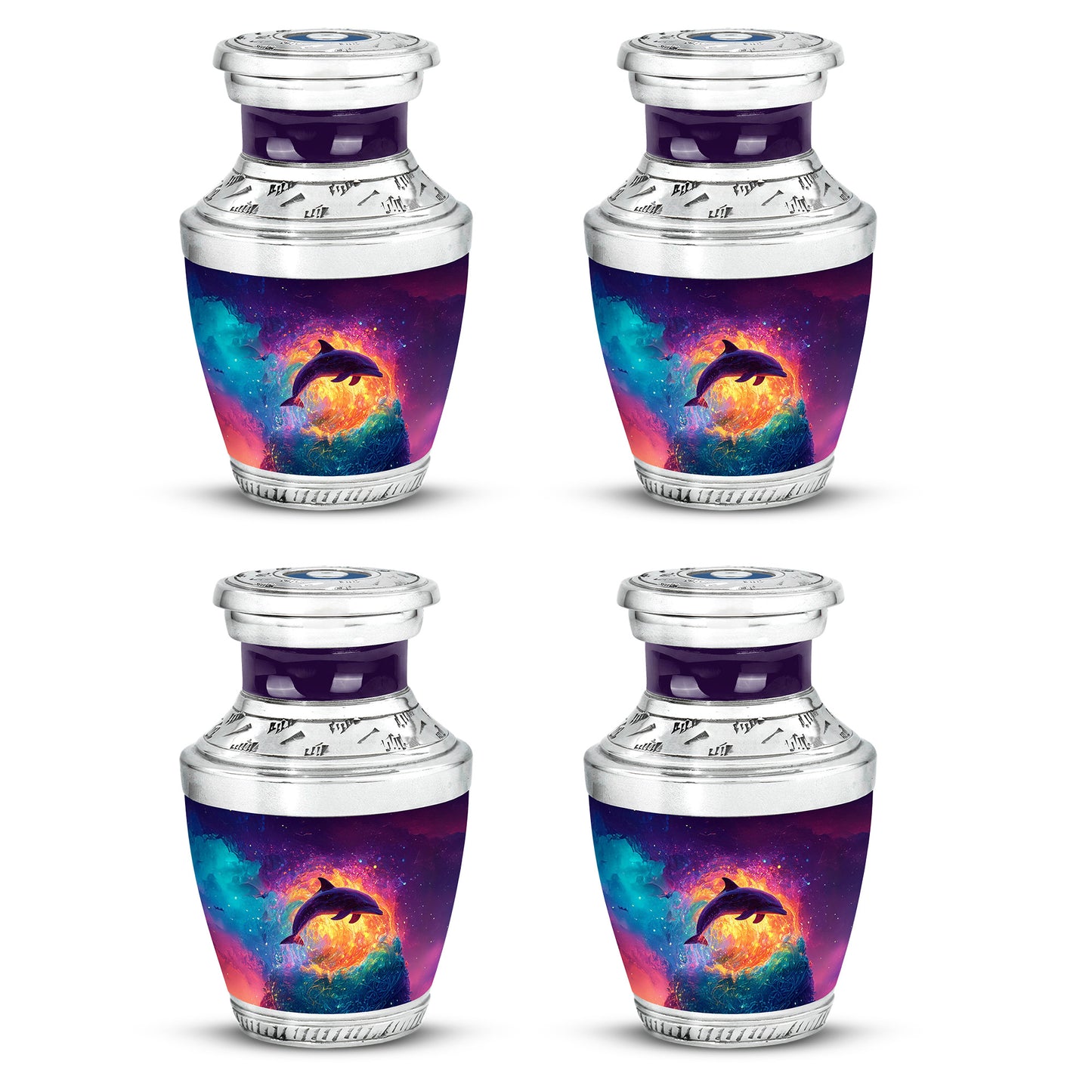 Amethyst Purple Dolphin Cremation Urn back view with polished surface - contemporary dolphin design with modern artistic flair - 10 inch aluminum urn for cremated remains