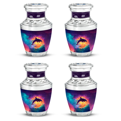 Amethyst Purple Dolphin Cremation Urn back view with polished surface - contemporary dolphin design with modern artistic flair - 10 inch aluminum urn for cremated remains