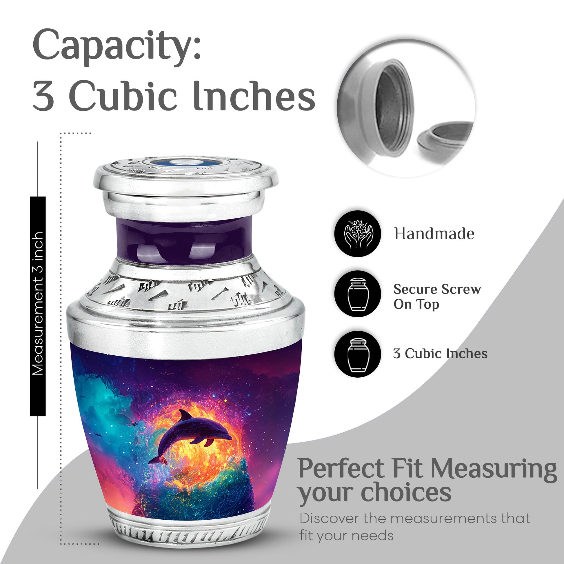 Royal Purple Dolphin Cremation Urn top-down view of secure threaded lid - stylized abstract dolphin pattern with bold lines - mini keepsake memorial for portion of cremation ashes