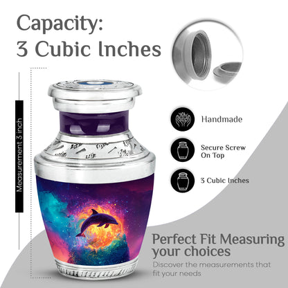 Royal Purple Dolphin Cremation Urn top-down view of secure threaded lid - stylized abstract dolphin pattern with bold lines - mini keepsake memorial for portion of cremation ashes