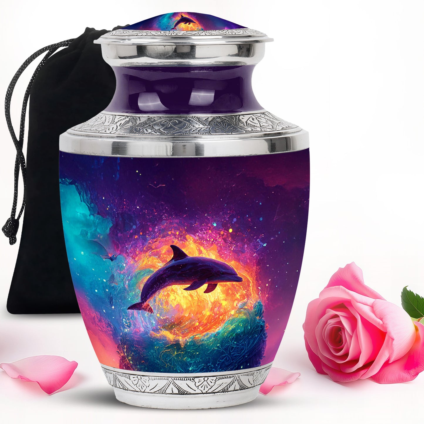 Royal Purple Dolphin Cremation Urn side profile showing urn shape - stylized abstract dolphin pattern with bold lines - full-size 10 inch 200 cubic inch adult cremation urn