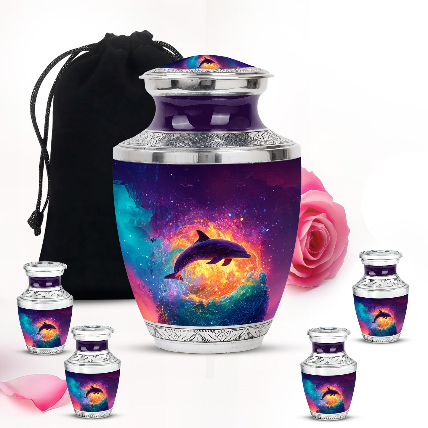 Orchid Purple Dolphin Cremation Urn lifestyle display on memorial shelf - contemporary dolphin design with modern artistic flair - memorial set with one large and four small urns