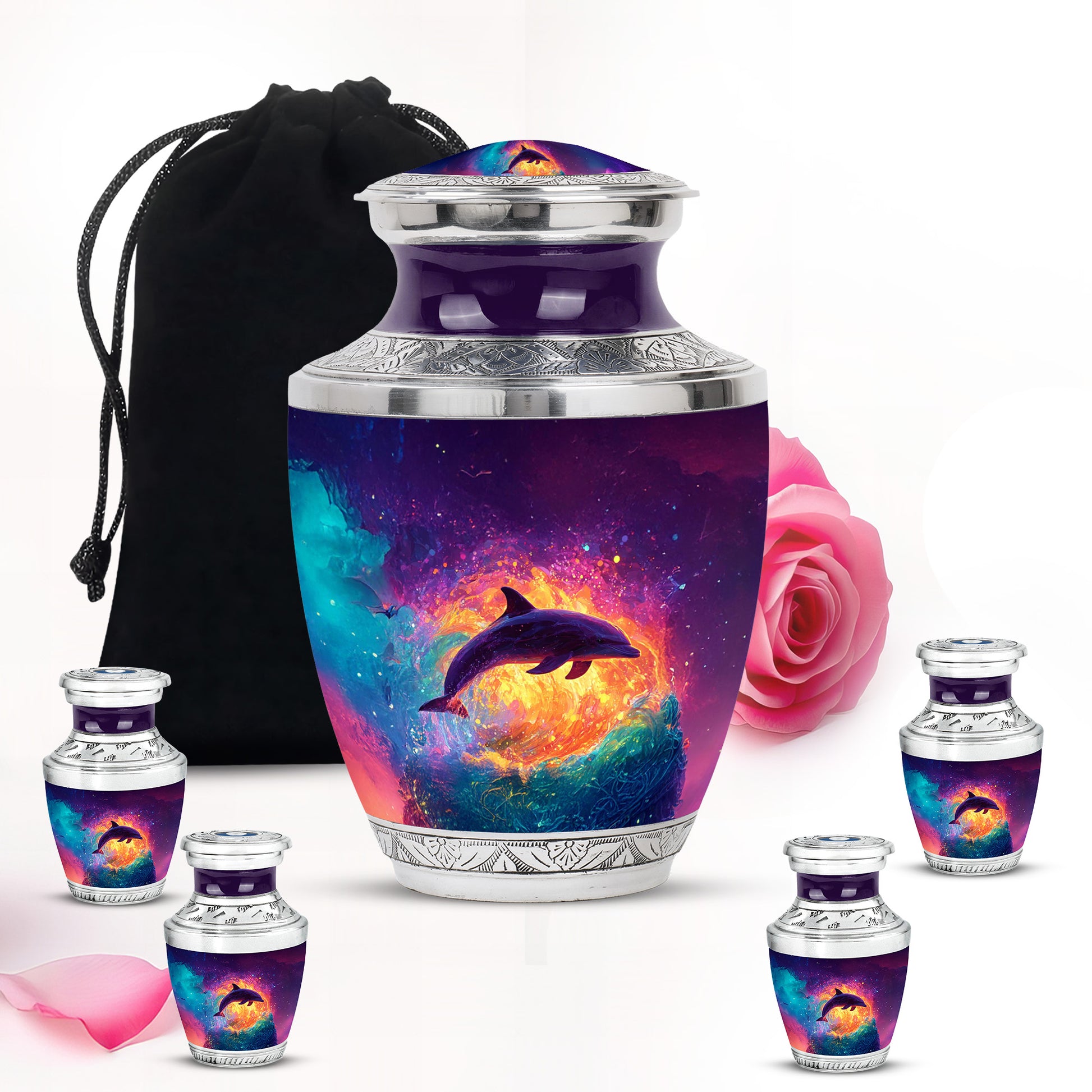 Orchid Purple Dolphin Cremation Urn lifestyle display on memorial shelf - contemporary dolphin design with modern artistic flair - memorial set with one large and four small urns