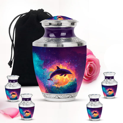 Orchid Purple Dolphin Cremation Urn lifestyle display on memorial shelf - contemporary dolphin design with modern artistic flair - memorial set with one large and four small urns