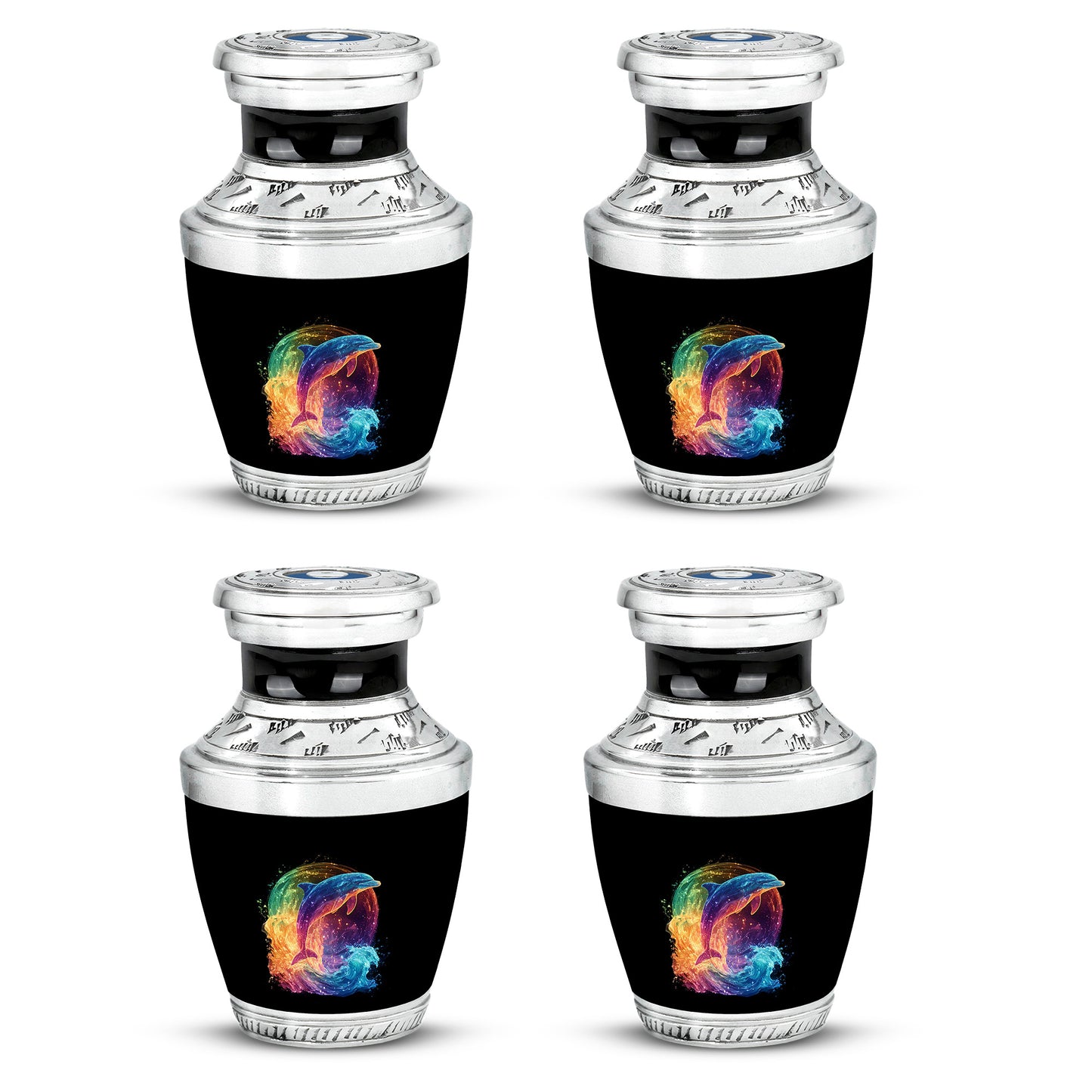 Charcoal Black Dolphin Cremation Urn back view with polished surface - stylized abstract dolphin pattern with bold lines - 10 inch aluminum urn for cremated remains