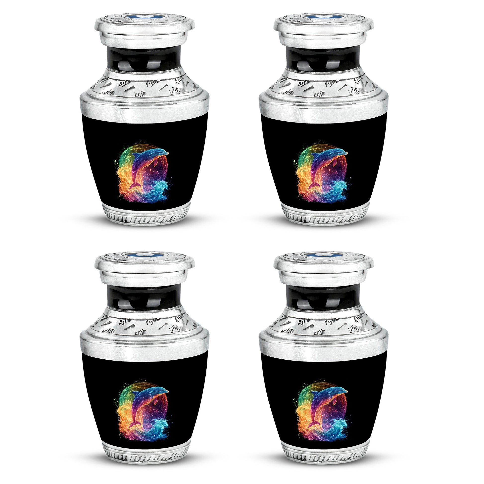 Charcoal Black Dolphin Cremation Urn back view with polished surface - stylized abstract dolphin pattern with bold lines - 10 inch aluminum urn for cremated remains