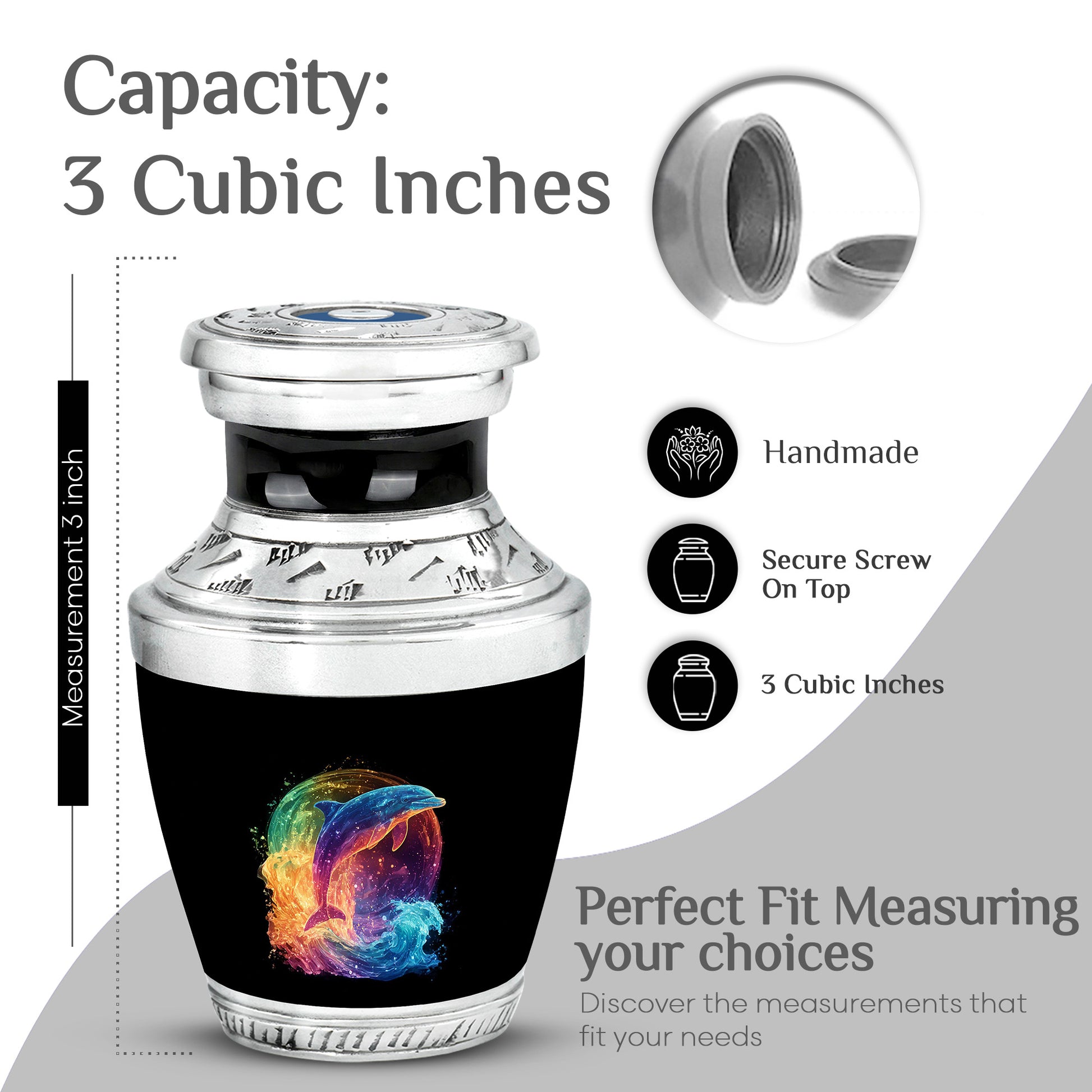 Glossy Black Dolphin Cremation Urn top-down view of secure threaded lid - modern art-inspired dolphin motif on sleek aluminum - mini keepsake memorial for portion of cremation ashes