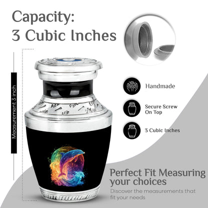 Glossy Black Dolphin Cremation Urn top-down view of secure threaded lid - modern art-inspired dolphin motif on sleek aluminum - mini keepsake memorial for portion of cremation ashes