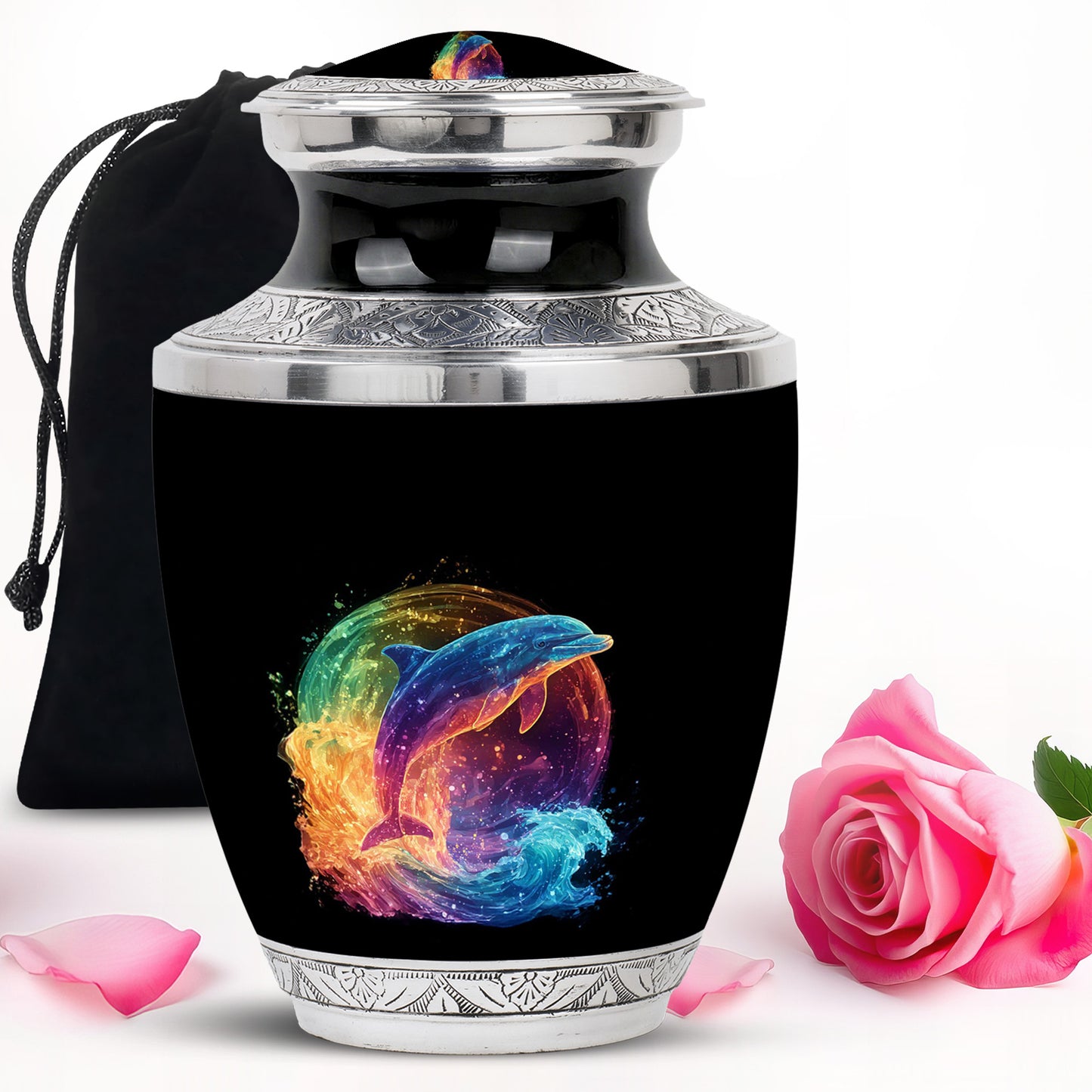Glossy Black Dolphin Cremation Urn side profile showing urn shape - modern art-inspired dolphin motif on sleek aluminum - full-size 10 inch 200 cubic inch adult cremation urn