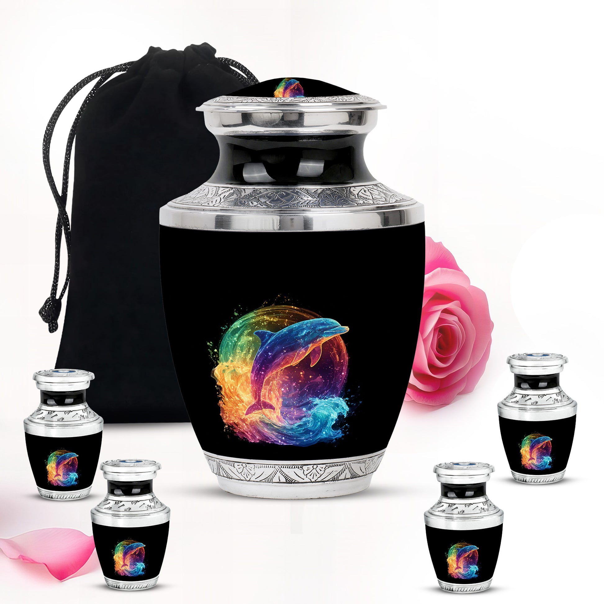 Dark Black Dolphin Cremation Urn lifestyle display on memorial shelf - artistic dolphin interpretation with creative detail - memorial set with one large and four small urns