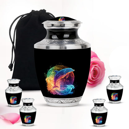 Dark Black Dolphin Cremation Urn lifestyle display on memorial shelf - artistic dolphin interpretation with creative detail - memorial set with one large and four small urns