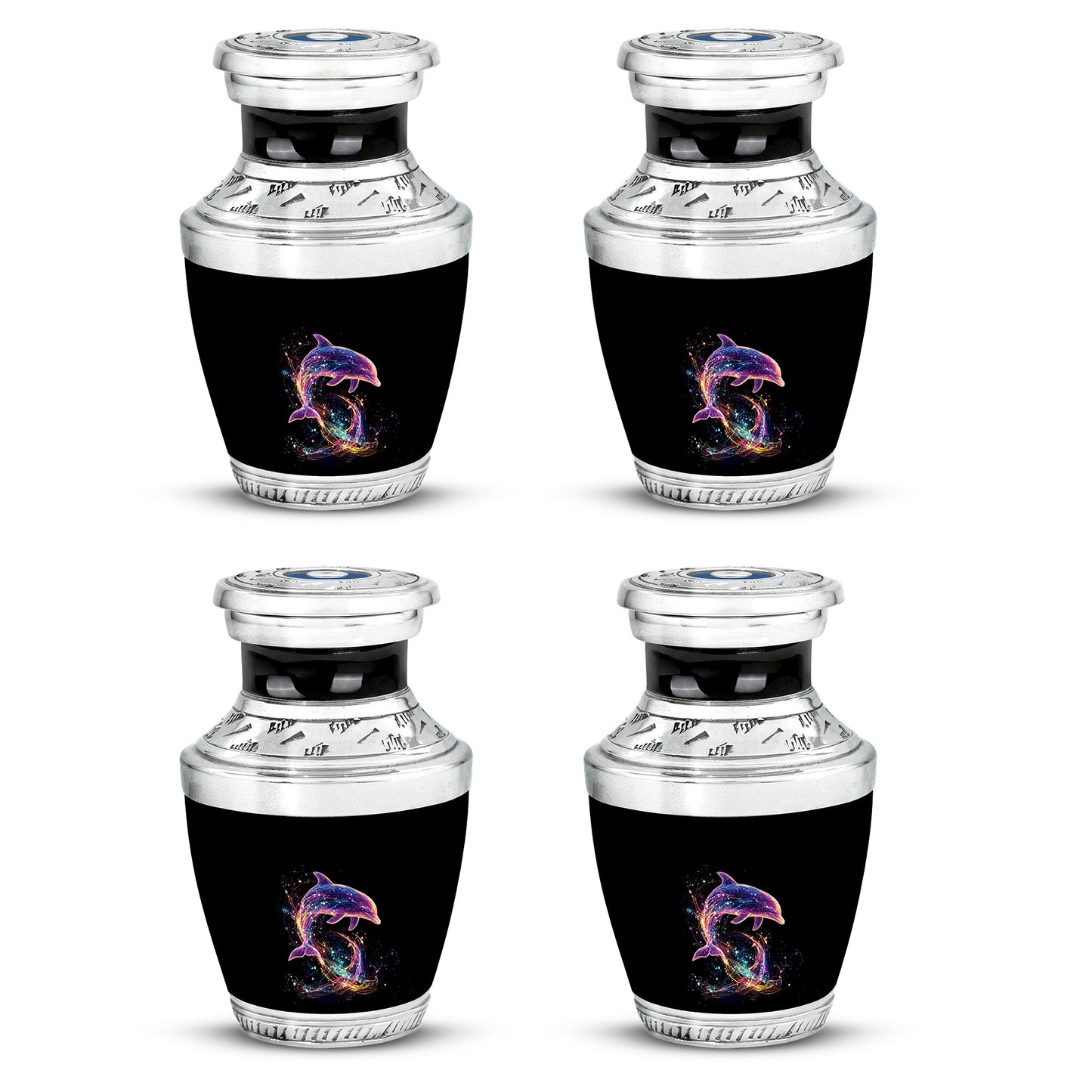 Jet Black Dolphin Cremation Urn back view with polished surface - modern art-inspired dolphin motif on sleek aluminum - 10 inch aluminum urn for cremated remains