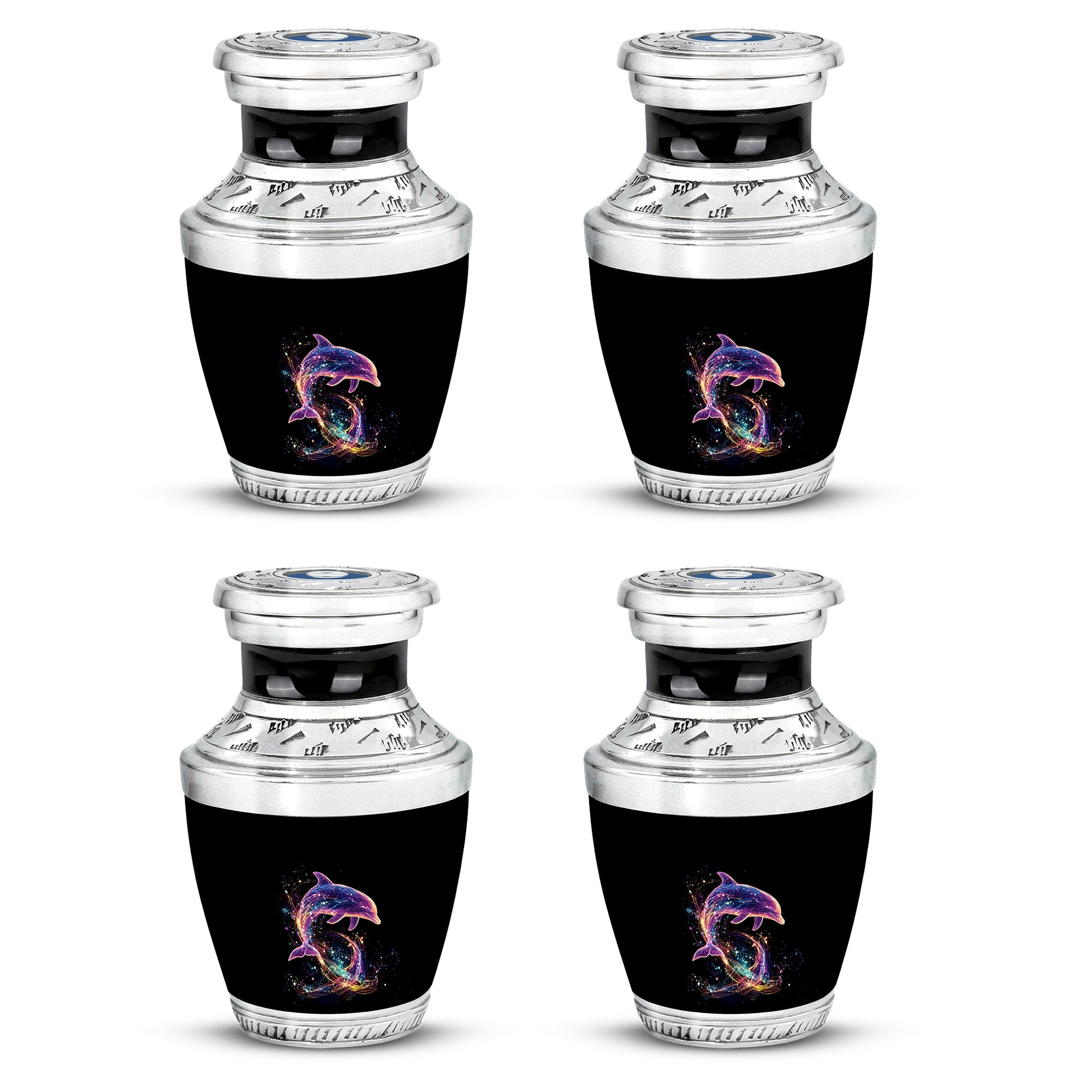 Jet Black Dolphin Cremation Urn back view with polished surface - modern art-inspired dolphin motif on sleek aluminum - 10 inch aluminum urn for cremated remains