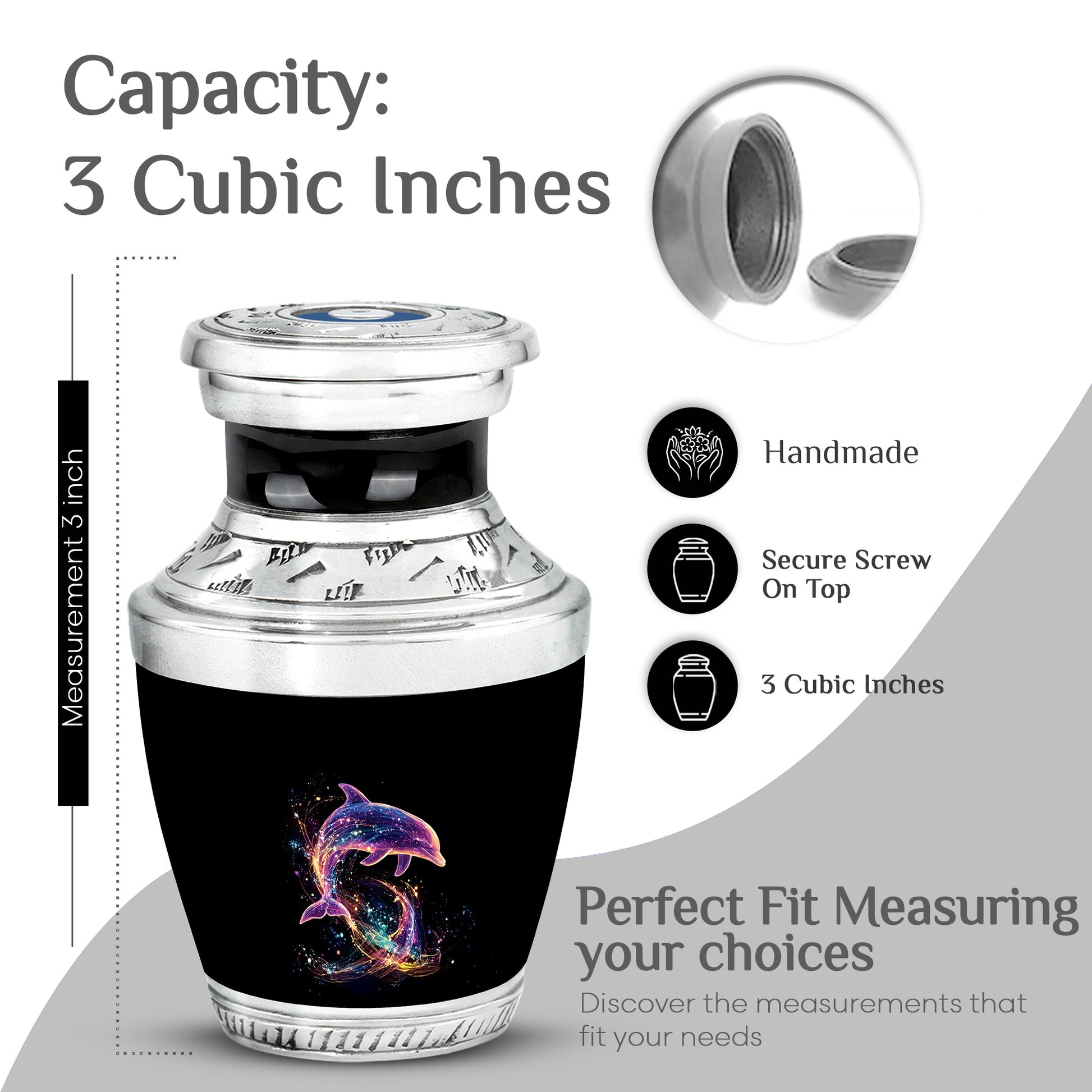 Dark Black Dolphin Cremation Urn top-down view of secure threaded lid - artistic dolphin interpretation with creative detail - mini keepsake memorial for portion of cremation ashes