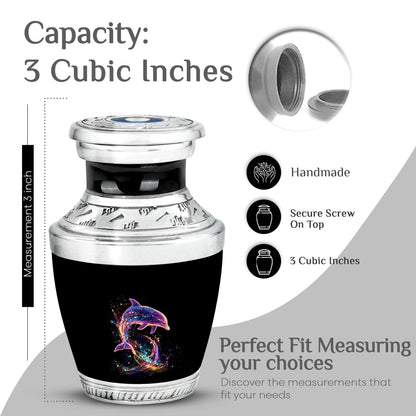 Dark Black Dolphin Cremation Urn top-down view of secure threaded lid - artistic dolphin interpretation with creative detail - mini keepsake memorial for portion of cremation ashes