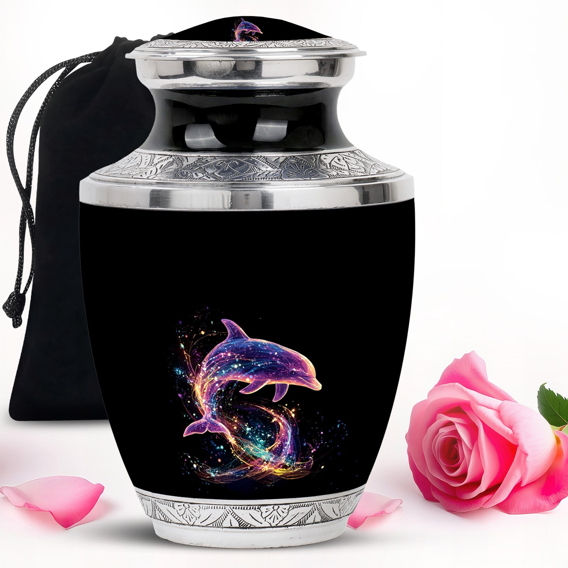 Obsidian Black Dolphin Cremation Urn side profile showing urn shape - stylized abstract dolphin pattern with bold lines - full-size 10 inch 200 cubic inch adult cremation urn