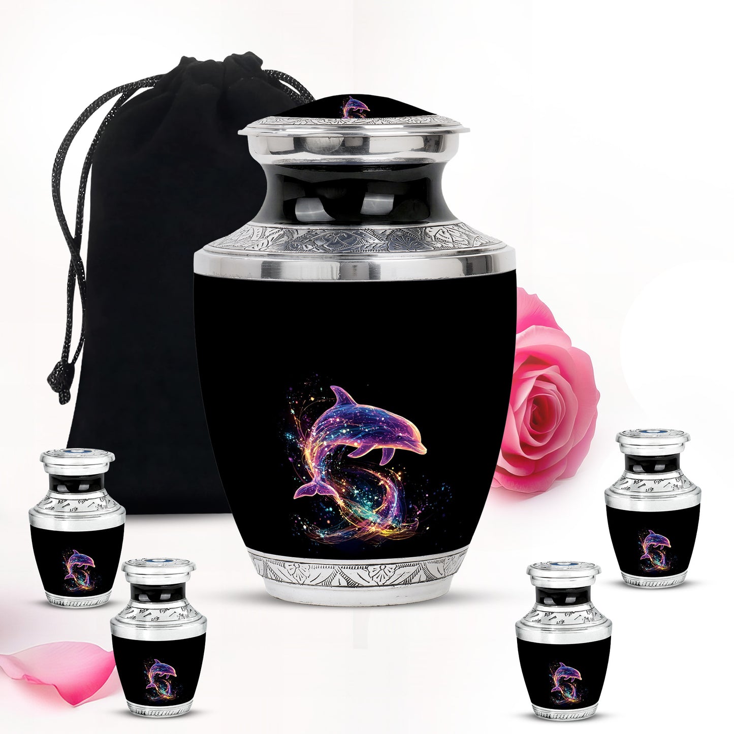 Obsidian Black Dolphin Cremation Urn lifestyle display on memorial shelf - artistic dolphin interpretation with creative detail - memorial set with one large and four small urns