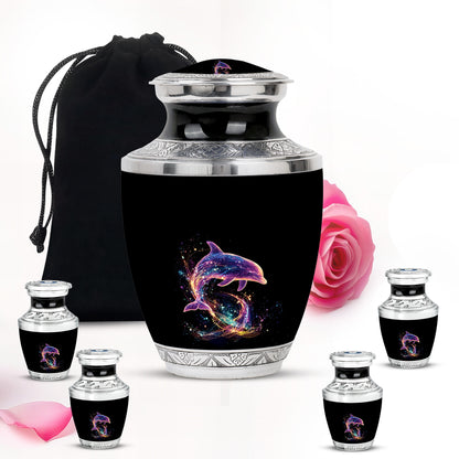 Obsidian Black Dolphin Cremation Urn lifestyle display on memorial shelf - artistic dolphin interpretation with creative detail - memorial set with one large and four small urns