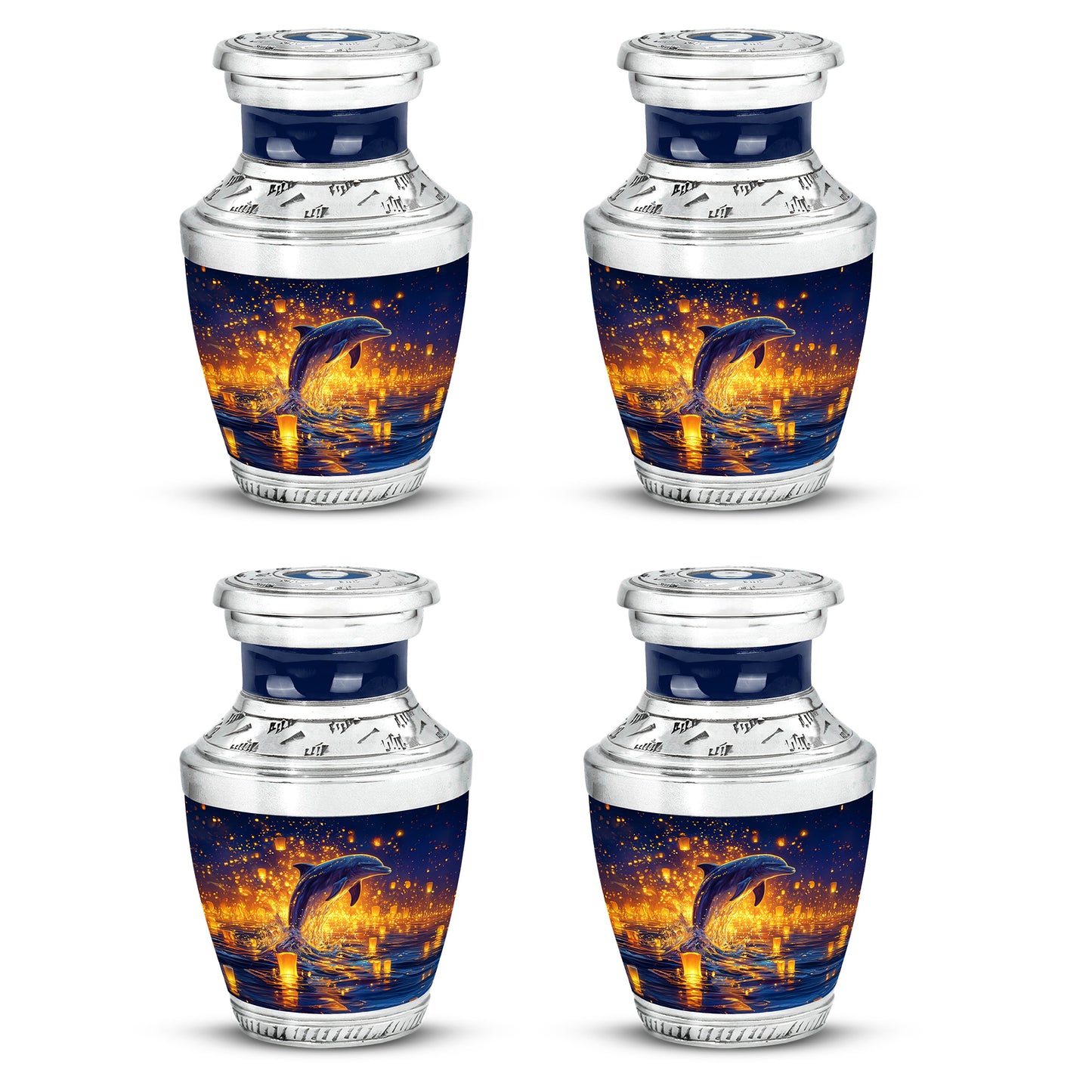 Celestial Blue Dolphin Cremation Urn back view with polished surface - contemporary dolphin design with modern artistic flair - 10 inch aluminum urn for cremated remains
