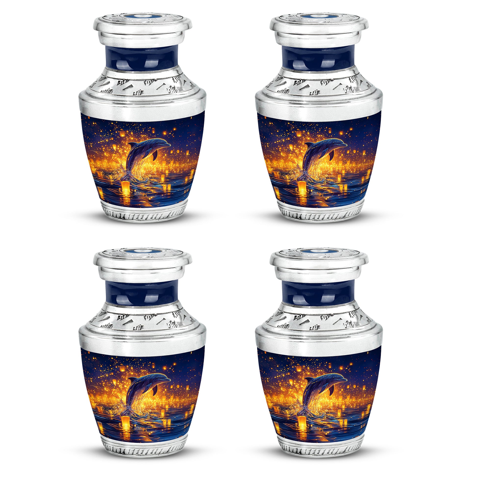 Celestial Blue Dolphin Cremation Urn back view with polished surface - contemporary dolphin design with modern artistic flair - 10 inch aluminum urn for cremated remains