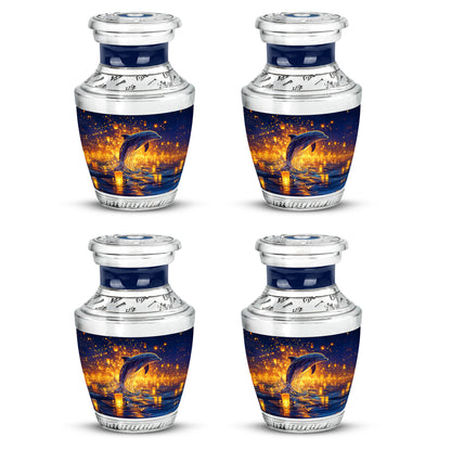 Celestial Blue Dolphin Cremation Urn back view with polished surface - contemporary dolphin design with modern artistic flair - 10 inch aluminum urn for cremated remains