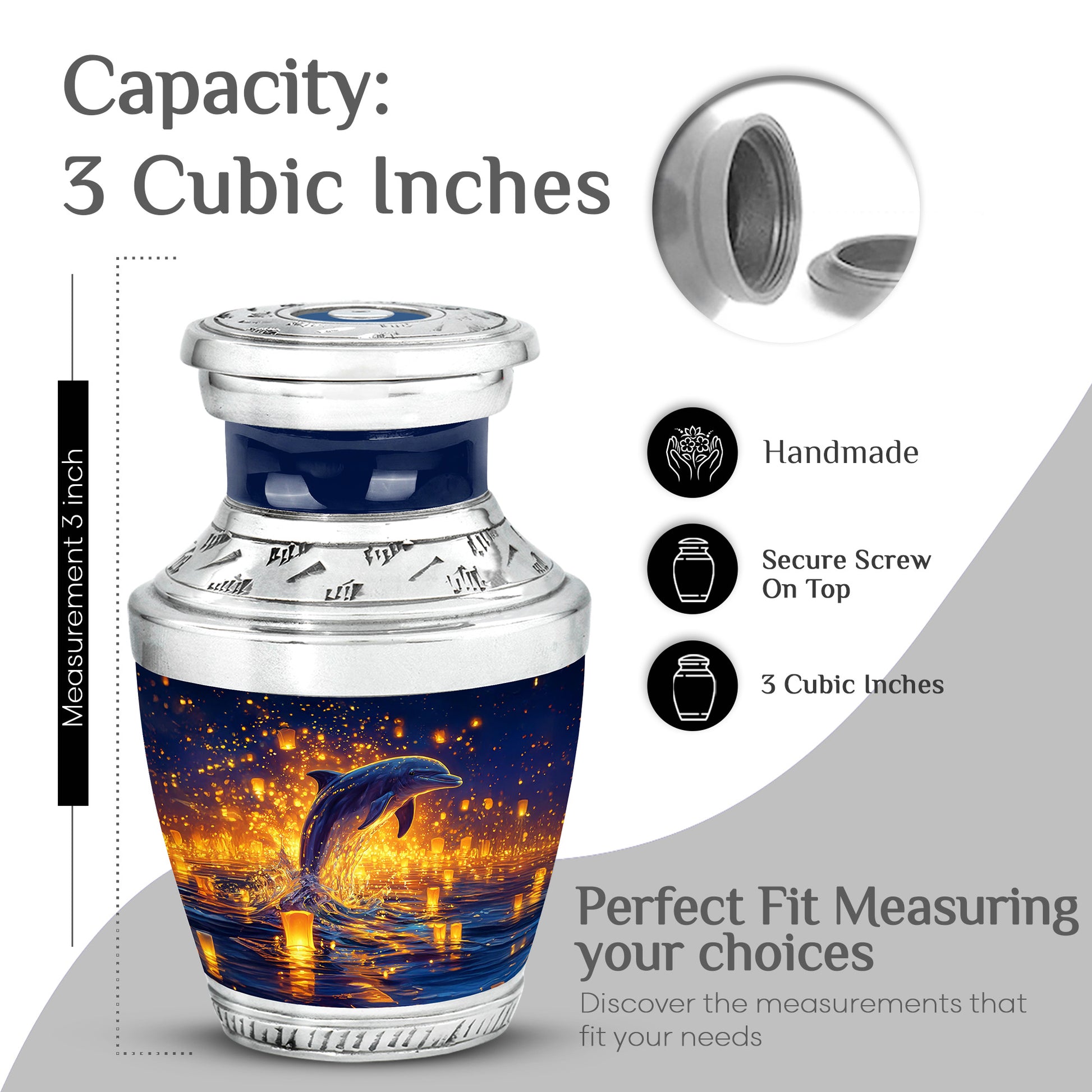 Sapphire Blue Dolphin Cremation Urn top-down view of secure threaded lid - artistic dolphin interpretation with creative detail - mini keepsake memorial for portion of cremation ashes