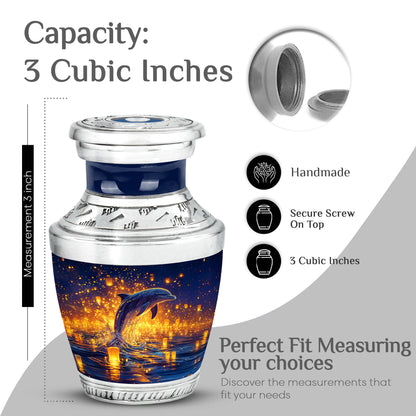 Sapphire Blue Dolphin Cremation Urn top-down view of secure threaded lid - artistic dolphin interpretation with creative detail - mini keepsake memorial for portion of cremation ashes