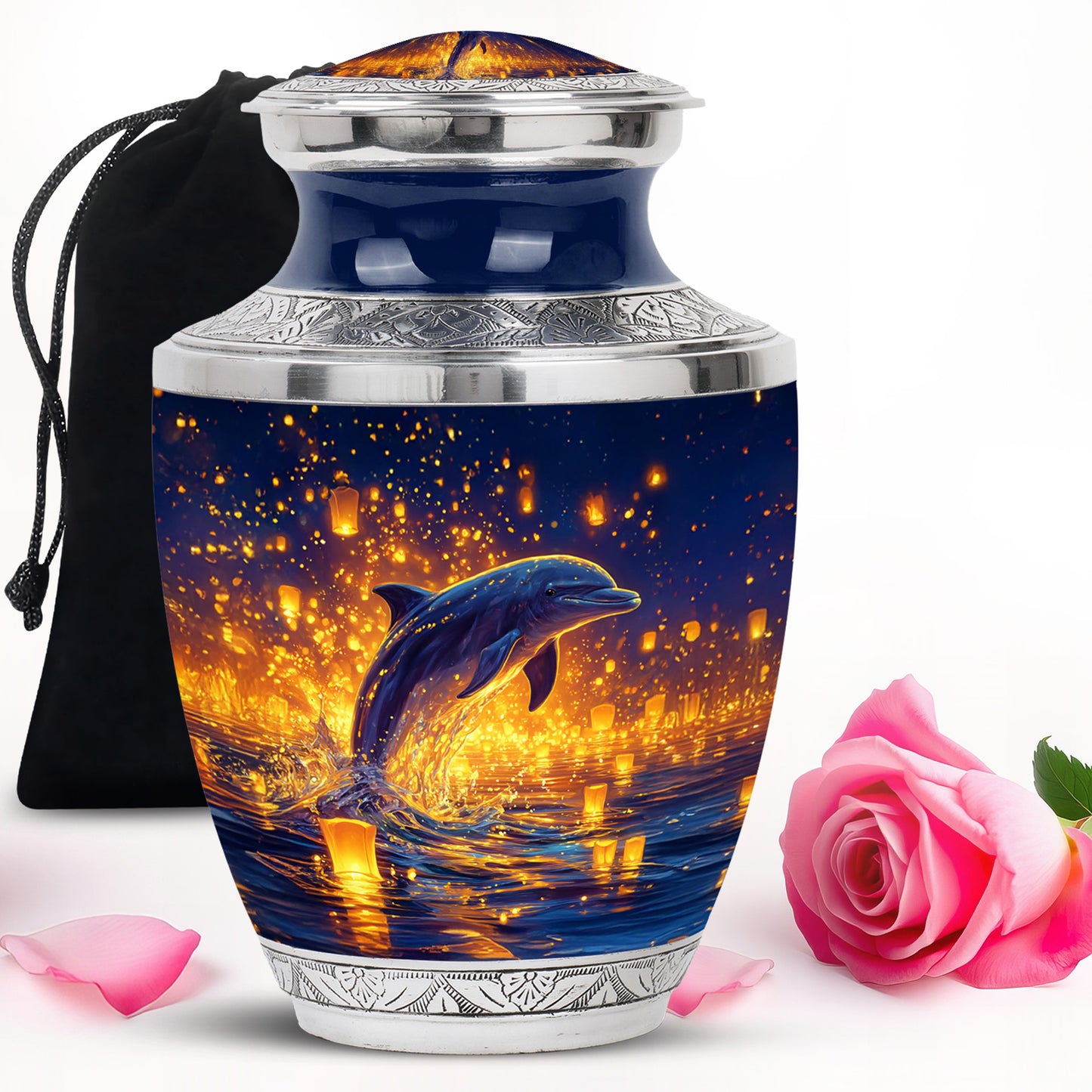Powder Blue Dolphin Cremation Urn side profile showing urn shape - contemporary dolphin design with modern artistic flair - full-size 10 inch 200 cubic inch adult cremation urn