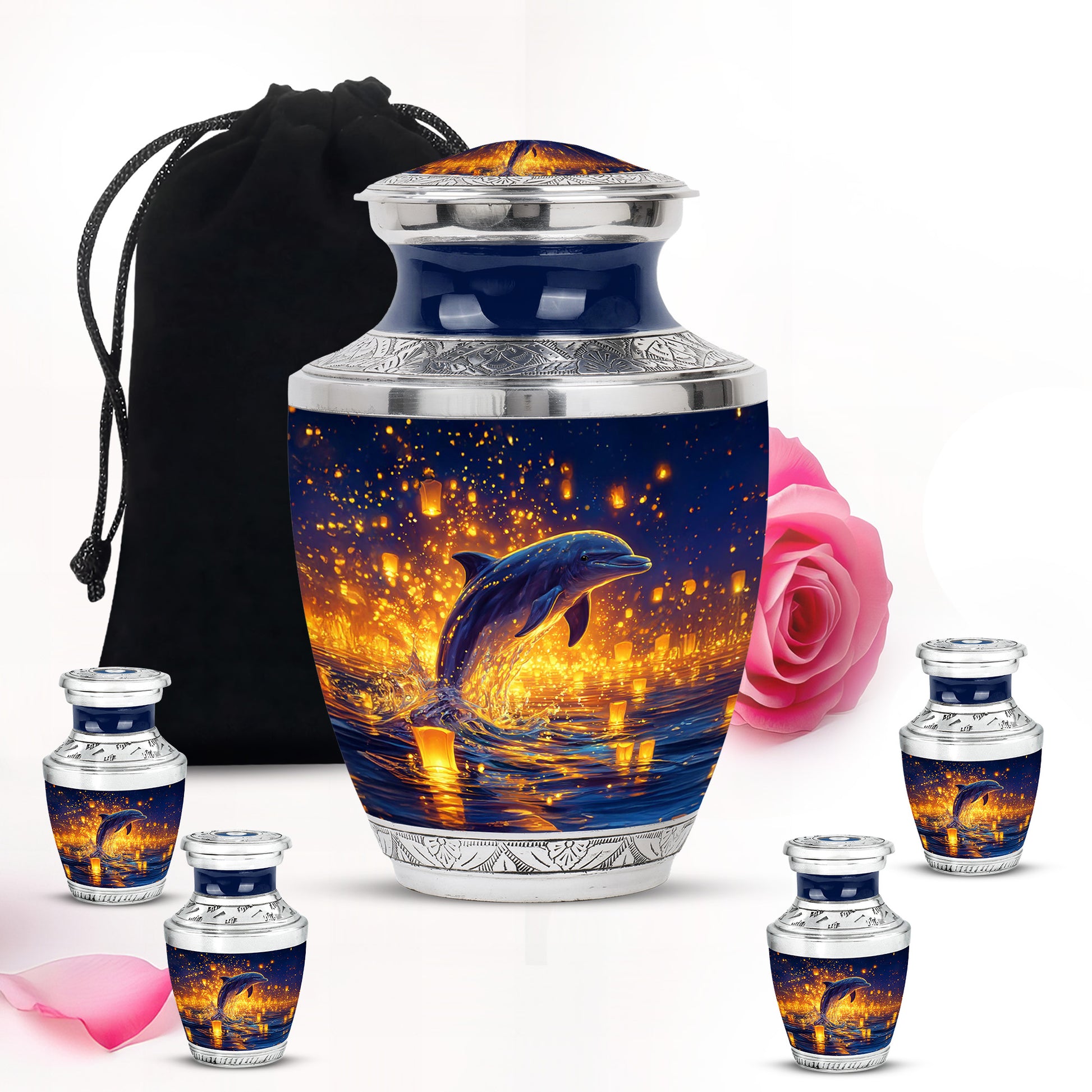 Navy Blue Dolphin Cremation Urn lifestyle display on memorial shelf - contemporary dolphin design with modern artistic flair - memorial set with one large and four small urns