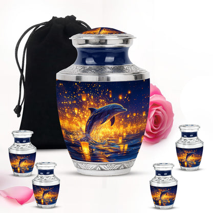 Navy Blue Dolphin Cremation Urn lifestyle display on memorial shelf - contemporary dolphin design with modern artistic flair - memorial set with one large and four small urns