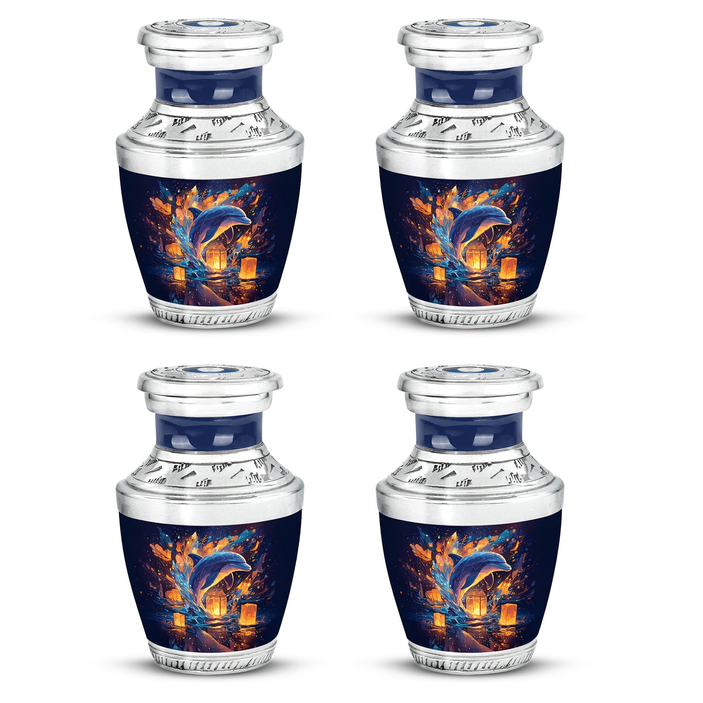Calming Blue Dolphin Cremation Urn back view with polished surface - artistic dolphin interpretation with creative detail - 10 inch aluminum urn for cremated remains