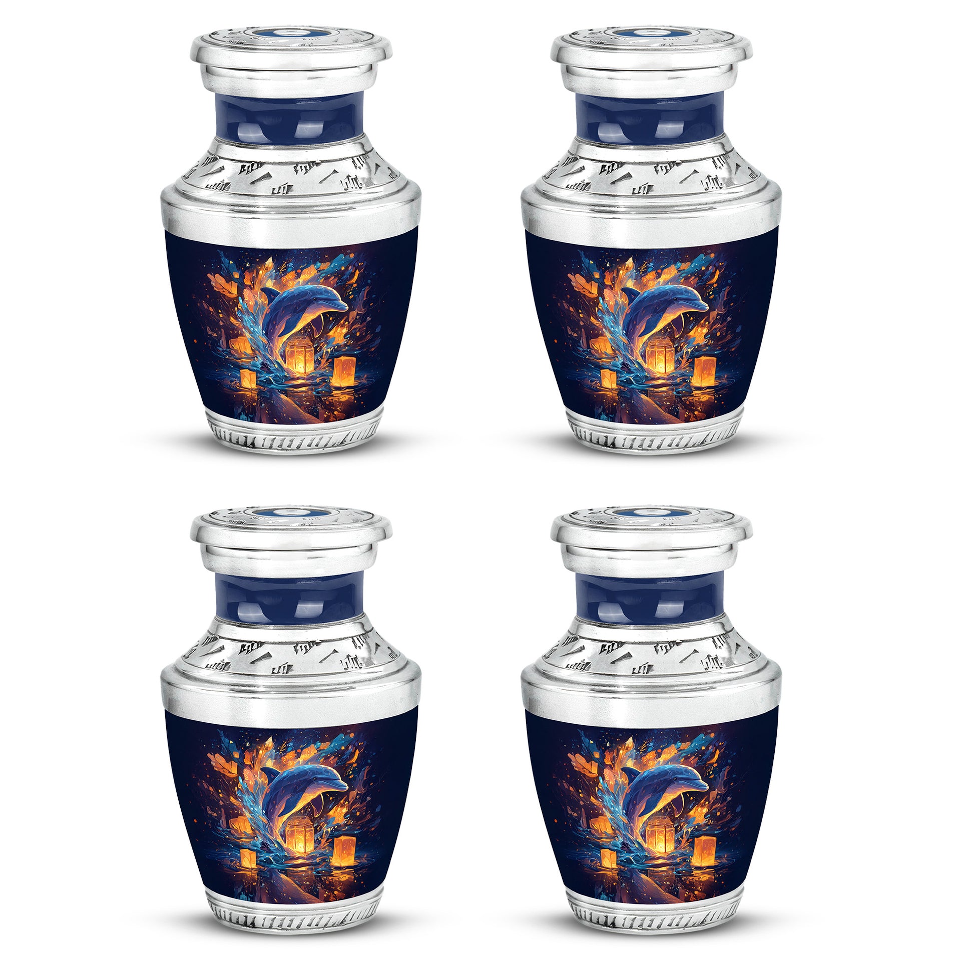 Calming Blue Dolphin Cremation Urn back view with polished surface - artistic dolphin interpretation with creative detail - 10 inch aluminum urn for cremated remains