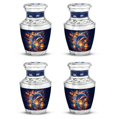 Calming Blue Dolphin Cremation Urn back view with polished surface - artistic dolphin interpretation with creative detail - 10 inch aluminum urn for cremated remains