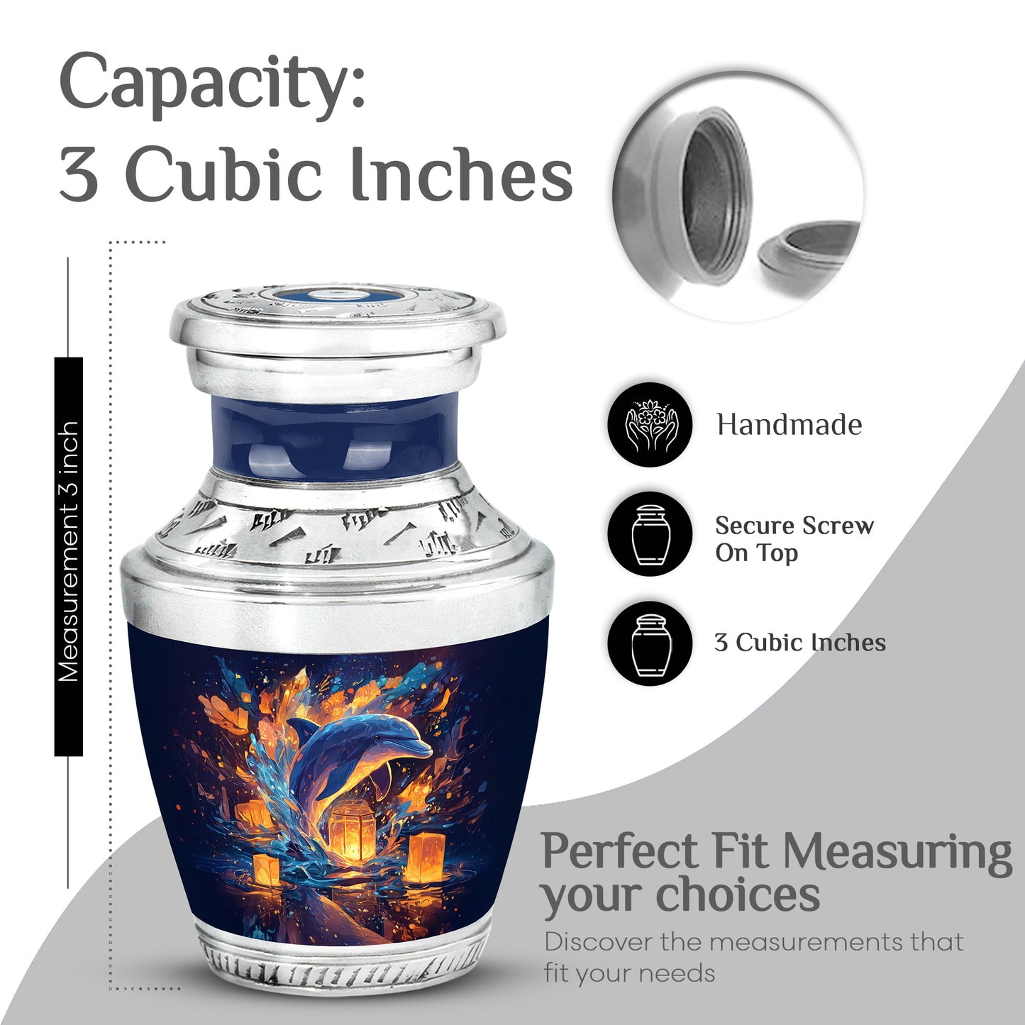 Twilight Blue Dolphin Cremation Urn top-down view of secure threaded lid - stylized abstract dolphin pattern with bold lines - mini keepsake memorial for portion of cremation ashes