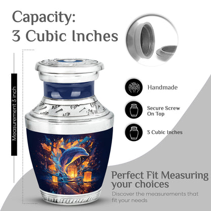 Twilight Blue Dolphin Cremation Urn top-down view of secure threaded lid - stylized abstract dolphin pattern with bold lines - mini keepsake memorial for portion of cremation ashes