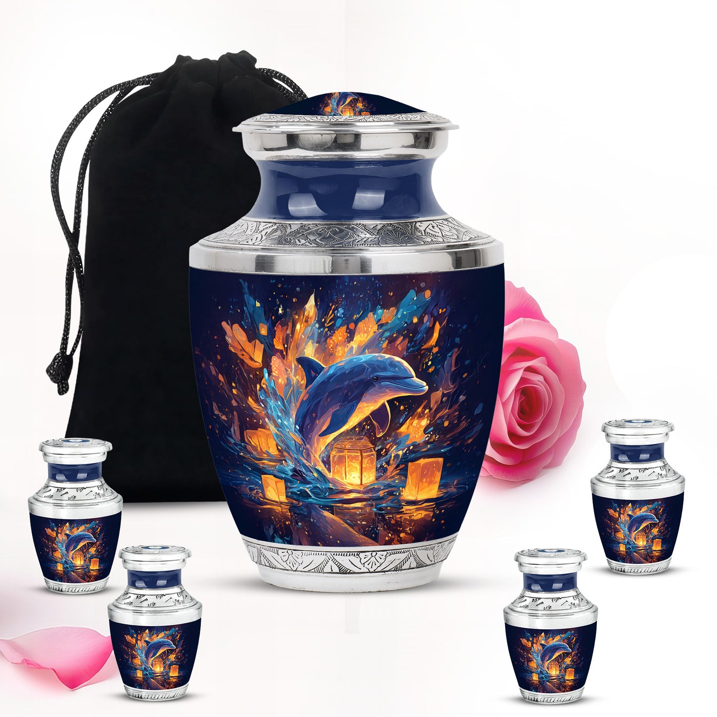 Twilight Blue Dolphin Cremation Urn lifestyle display on memorial shelf - stylized abstract dolphin pattern with bold lines - memorial set with one large and four small urns