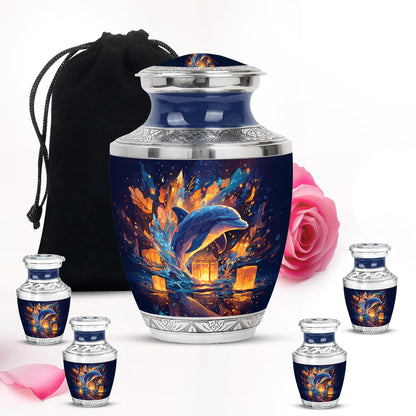 Twilight Blue Dolphin Cremation Urn lifestyle display on memorial shelf - stylized abstract dolphin pattern with bold lines - memorial set with one large and four small urns