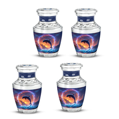 Steel Blue Dolphin Cremation Urn back view with polished surface - artistic dolphin interpretation with creative detail - 10 inch aluminum urn for cremated remains