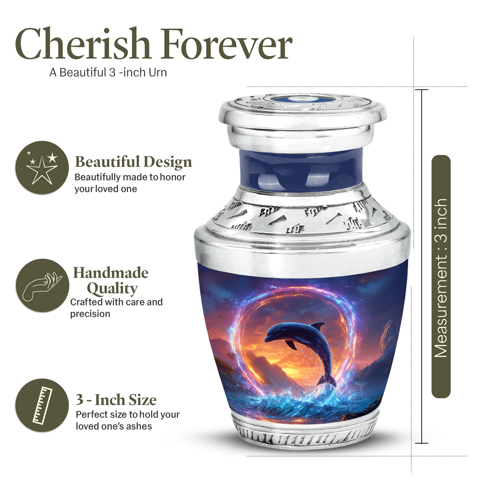 Pastel Blue Dolphin Cremation Urn top-down view of secure threaded lid - contemporary dolphin design with modern artistic flair - mini keepsake memorial for portion of cremation ashes