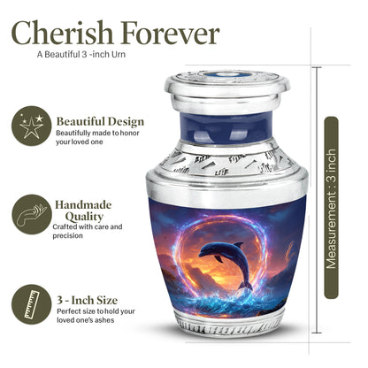 Pastel Blue Dolphin Cremation Urn top-down view of secure threaded lid - contemporary dolphin design with modern artistic flair - mini keepsake memorial for portion of cremation ashes