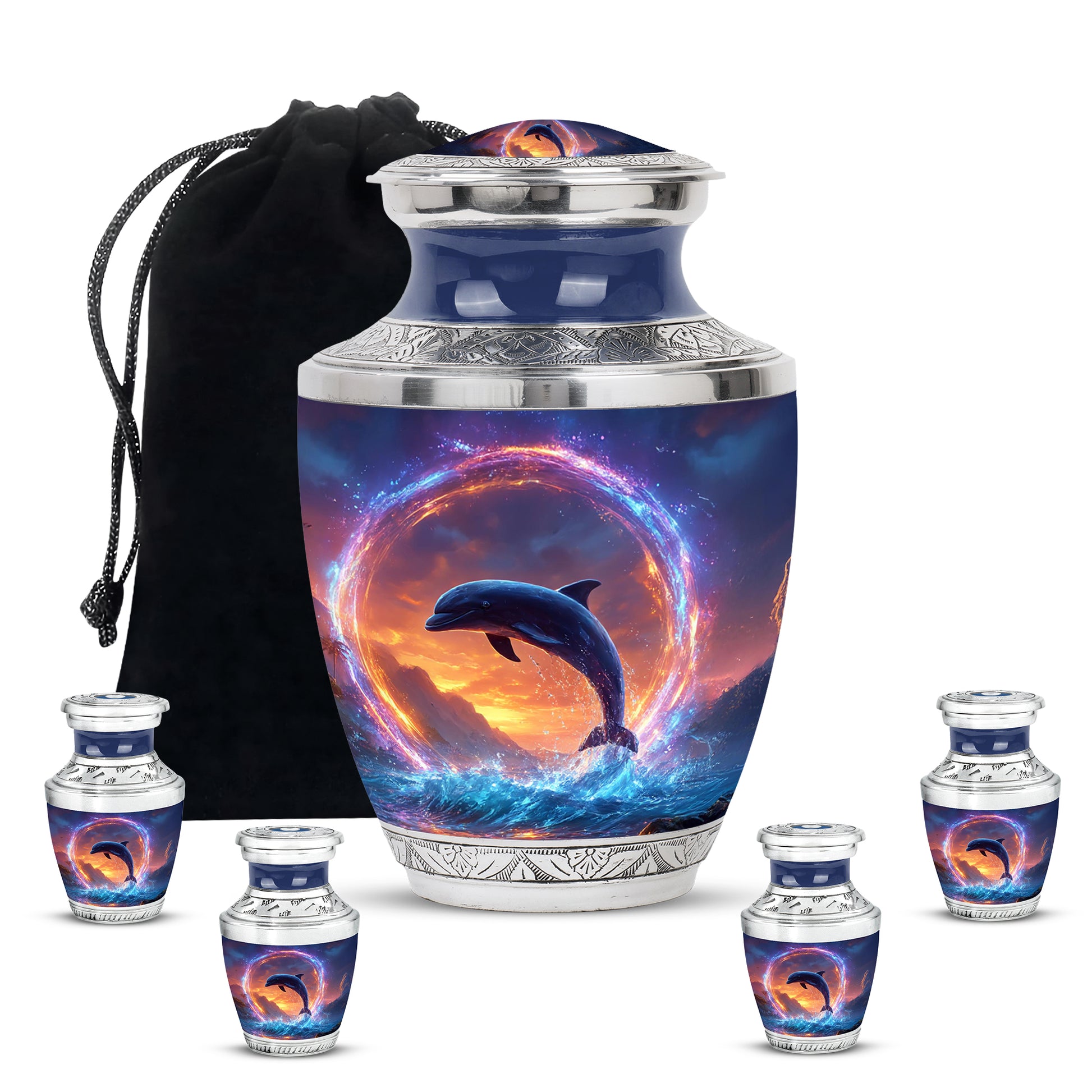 Celestial Blue Dolphin Cremation Urn lifestyle display on memorial shelf - modern art-inspired dolphin motif on sleek aluminum - memorial set with one large and four small urns