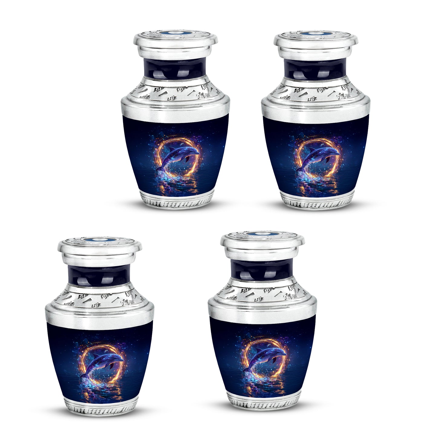 Indigo Dolphin Cremation Urn back view with polished surface - modern art-inspired dolphin motif on sleek aluminum - 10 inch aluminum urn for cremated remains