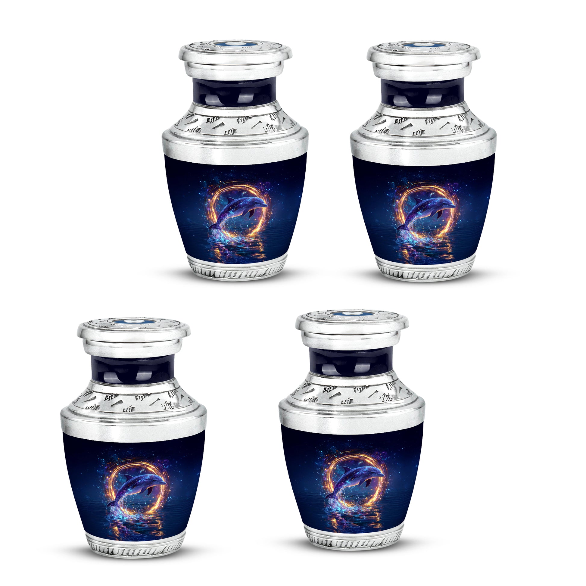 Indigo Dolphin Cremation Urn back view with polished surface - modern art-inspired dolphin motif on sleek aluminum - 10 inch aluminum urn for cremated remains